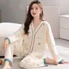 Pijama para Mujer Primavera y Otoño Imitación Algodón Manga Larga Traje Estilo Coreano Holgado Dulce Cuello en V Para Usar Por Fuera Kimono Ropa de Casa