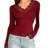 Camiseta Simple de Color Sólido con Escote en V, Ribete de Encaje, Mangas Largas, Ceñida a la Cintura, Estilo Francés Sexy, Nueva Camiseta Básica para Chicas Populares Otoño e Invierno