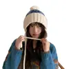 Chapéu de Tricô Jacquard Color Block Estilo Fair Isle Retrô com PomPom para Mulheres, Tendência de Inverno Chapéu Espesso com Cadarço e Orelhas, Chapéu Puxar Frio