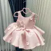 Vestido de Princesa Satinado para Niña con Tira de Flor Tridimensional Vestido de Desempeño para Primer Cumpleaños de Bebé Venta al por Mayor
