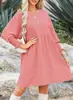 Ropa de Mujer Transfronteriza Europea y Americana 2026 Amazon Shein Cuello Redondo Cintura Ajustada Puños Plisados Vestido Casual