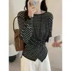 Top de punto de manga larga a rayas blancas y negras estilo coreano para mujer, camiseta básica ajustada de otoño, top elegante