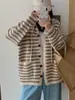 Cárdigan de Punto con Capucha de Rayas de Color Contrastante Estilo Perezoso Talla Grande para Mujer Otoño e Invierno Suéter Chaqueta Holgado de Gama Alta para Mujer