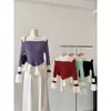 Suéter de Punto con Cuello de Lazo y Mangas de Campana de Bloques de Color para Mujer Invierno 2025 Nuevo Estilo Coreano Volantes Delgado de Punto de Punto Moderno