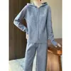 Traje de Lã com Capuz de Alta Qualidade para Mulheres no Outono e Inverno Conjunto de Duas Peças de Lã Pura Cardigã Suéter com Capuz e Zíper Calça de Perna Larga