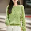 Nuevo cárdigan de punto de lana de cachemir para otoño e invierno, cuello redondo, de manga larga para mujer, patrón trenzado, suéter de lana de hilo cepillado