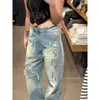 Jeans casuales retro americanos con efecto salpicaduras para mujer, nuevos de verano 2026 estilo graffiti desgastados de pierna ancha