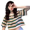 Camiseta listrada de manga curta com estampa de umbigo, design feminino, senso de nicho, cintura alta, top curto, verão 2020, novo