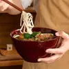 Cuenco de Cerámica Disparado con Magnesio, Cuenco Rojo para Fideos, Cuenco para Sopa, Cuenco Disparado en Horno, Plato Comercial para Catering, Cuenco Japonés para Ramen Tonkotsu, Cuenco para Fideos