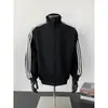 Sudadera a rayas azul marino con cuello alto estilo americano para hombre, chaqueta cárdigan de doble cremallera para otoño e invierno, chaqueta deportiva extragrande