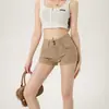 Shorts jeans cáqui estilo americano para mulheres, novo modelo de verão 2026, cintura alta, corte justo, dois botões, elástico, hot pants que moldam o quadril