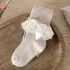 Nuevas mallas de baile estilo coreano para primavera y otoño para niñas, con un dulce diseño de princesa con ribete de encaje blanco.