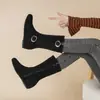 Botas de Moda de Cano Alto com Floco 2026 Comércio Exterior Outono Novo Estilo Europeu e Americano Bico Redondo Fivela Redonda Zíper Lateral Botas Femininas Transfronteiriça
