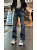 Jeans de Hombre con Patrón de Rayos y Bigotes de Gato Azul Retro Primavera y Otoño Estilo High Street Americano Pantalones de Corte Limpio Ligeramente Acampanados