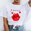 Camiseta de Verano Divertida para Mujer con Estampado de Texto de Labios Besándose, Manga Corta, Cuello Redondo, Top Holgado Casual