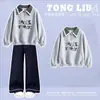 Conjunto de top com lapela xadrez retrô e blocos de cor para meninas, estilo preppy, e jeans casual versátil para primavera e outono