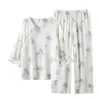 Nuevo Conjunto de Pijama de Algodón de Bambú Estilo Chino para Mujer Primavera y Verano Delgado de Fibra de Bambú Manga Tres Cuartos Ropa de Casa Verano Estilo Chino Se Puede Usar Afuera
