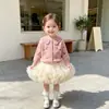 Conjunto de Dos Piezas para Niña: Suéter Floral con Falda Tutú, Estilo Coreano, Primavera y Otoño, Conjunto de Cárdigan de Punto y Falda de Malla para Bebé y Niño Pequeño