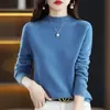 Suéter de lana para mujer transfronterizo con cuello semi-alto, corte ajustado, camiseta base de punto de cachemira sin costuras, top holgado de punto calado para otoño e invierno