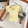 Top de Punto Hueco con Manga Corta y Lazo de Encaje para Mujer, Nuevo Top de Verano Dulce Ajustado Versátil para Mujer