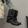 Botas western cowboy estilo coreano retrô com fivela de cinto, novo modelo outono 2026, botas com salto grosso empilhado, botas de montaria femininas de cano médio