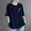 Nueva camiseta de manga corta estampada de longitud media para mujer, imitación algodón, talla grande, top moderno y a la moda, camiseta de manga corta holgada y versátil para el verano