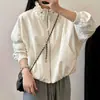 Chaqueta cortavientos de color liso con diseño de cordón y cuello alto estilo coreano para otoño 2026, para mujeres petite, holgada y elegante