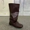Botas de mujer de cuero estilo western vintage, estilo ballet, con cordones, botas de montar de media caña plisadas, botas largas de punta cuadrada