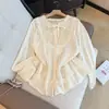 Camisa de Patchwork con Encaje Bordado para Primavera y Otoño, Tallas Grandes, Dulce y de Corte Holgado, Camisa tipo Muñeca Adelgazante de Algodón Puro, Blusa de Manga Larga para Mujer