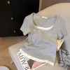 2026 Verão Estilo Coreano Bloco de Cores Falso Duas Peças Ombro Normal Manga Curta Camiseta Feminina Novo Desejo Puro Garota Picante Emagrecedor Valorizador Top