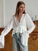Camisa de Chifón Blanco Estilo Francés para Mujer Verano Elegante Combinable Suelta Manga Trompeta Cuello en V Top con Cordones Ropa de Mujer Transfronteriza