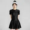 Traje de baño de una pieza estilo coreano nuevo para mujer talla grande, de manga corta, con cremallera, adelgazante, que cubre el abdomen, estilo falda, traje de baño deportivo de secado rápido para verano