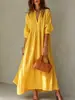 Nuevo Vestido de Otoño Francés con Cuello en V Holgado de Temperamento Elegante con Dobladillo Ancho Estilo Vacaciones Adelgazante Vestido Largo de Manga Tres Cuartos