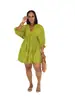 Tw748 Moda Europea y Americana Transfronteriza para Mujer Color Sólido Casual Cuello en V Cintura Suelta Mangas Tres Cuartos Dobladillo Amplio Vestido Plisado Corto