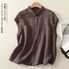 Camisa de Verano Artística Vintage Nueva de Algodón y Lino para Mujer, Camisa Elegante de Color Sólido con Cuello de Solapa, Top Ligero Versátil