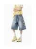 Calça Jeans Cropped Estampada Estrela Retro Americana Verão 2026 Fina Solta Lavada Shorts de Perna Larga