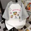 Camiseta de algodão puro de peso médio para o verão, doce e fresca, solta, modelagem slim fit, retalhos, gola redonda, estampa de estrela, manga curta, para homens e mulheres