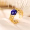 Anillo abierto estilo Joka retro de moda con cuentas huecas y lapislázuli bañado en oro de plata de ley S925 con un ciervo