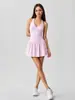 Vestido de tênis gola halter decote V, acinturado, emagrecedor, corte A, com shorts de segurança anti-exposição, vestido de tênis fitness