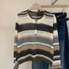 Elegante Cárdigan de Punto Rayado Color Block para Mujer, Otoño Cuello Redondo Manga Larga Versátil Delgado Suéter Abrigo, Top de Principios de Otoño