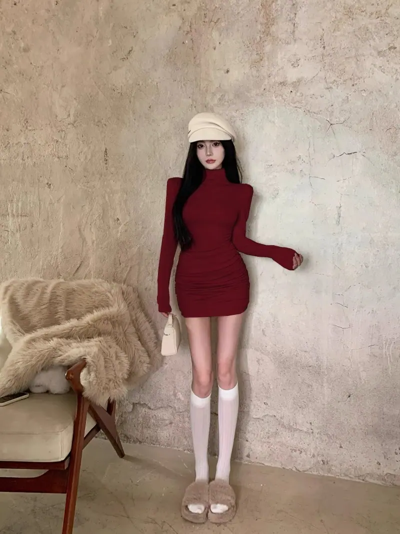 商品详情图_2024新款半高领打底长袖连衣裙女秋冬修身包臀性