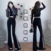 2026 Pantalones Finos de Mujer para Primavera y Otoño de Cintura Alta con Control de Abdomen, Rayas Laterales, Ligeramente Acampanados, con Efecto Drapeado, Pantalones Tiburón