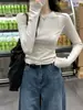 Toma Real de Camiseta Básica de Manga Larga con Cuello Redondo Ajustada Estilo Coreano de Primavera con Diseño de Espina de Pescado para Mujer 96862