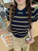 Top de punto a rayas de manga corta para mujer, estilo universitario coreano, con cuello polo, para principios de otoño, corte ajustado, diseño versátil