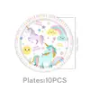 Set de Fiesta Unicornio Arcoíris Cumpleaños Infantil Desechable Platos de Papel Vasos de Papel Mantel Globos Toppers para Pastel Decoraciones