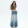 Jeans Americanos de Pierna Ancha para Mujer 2025 Primavera y Verano Nuevo Estilo Azul Lavado Retro Cintura Baja Sueltos Rectos Pantalones Largos hasta el Piso