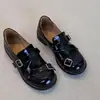 Versão em Couro Macio~Mocassins Femininos Slip-On Bico Redondo com Tira de Fivela e Salto Bloco, Design Britânico em Couro Envernizado com Salto Bloco, Sapatos Pequenos de Couro