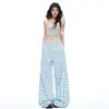 Pantalones casuales de mujer YP&2 de dos colores estilo americano, de cintura alta, holgados, pierna ancha, con diseño de botones, a cuadros, casuales, versátiles, nuevos para primavera-verano