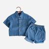 Estilo Ins Verão Novo Estilo Confortável Camisa Jeans Calças de Manga Curta Terno para Meninos e Meninas, Versátil e Tendência Bebê Novo