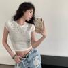 Camiseta de Manga Corta Brillante con Pedrería Estilo Chica Sexy Caliente de Verano para Mujer con un Diseño Elegante y Corte Cropped